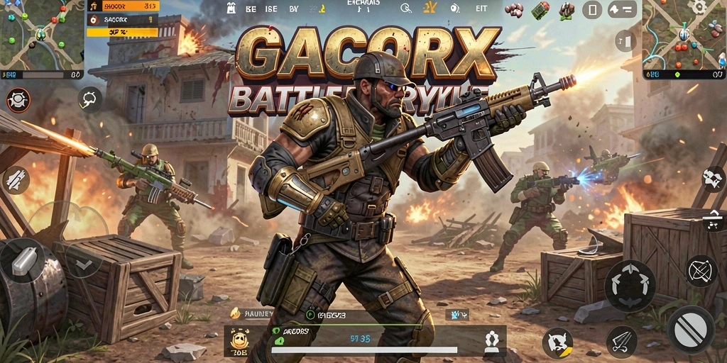 Screenshot GACORX menampilkan aksi intens dalam pertempuran Battle Royale.