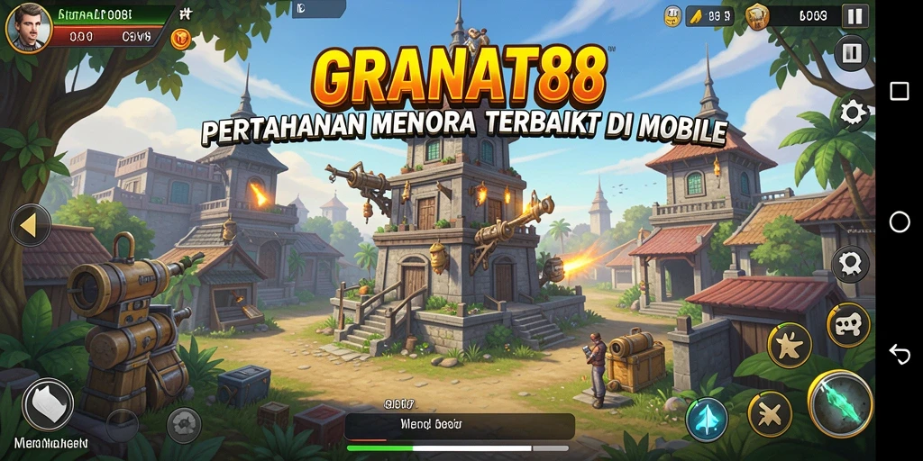 Screenshot gameplay <strong>GRANAT88</strong> menampilkan serangan menara melawan musuh.