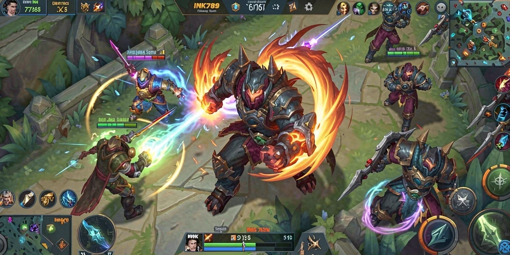 Screenshot gameplay INK789 menampilkan pertarungan tim yang intens.