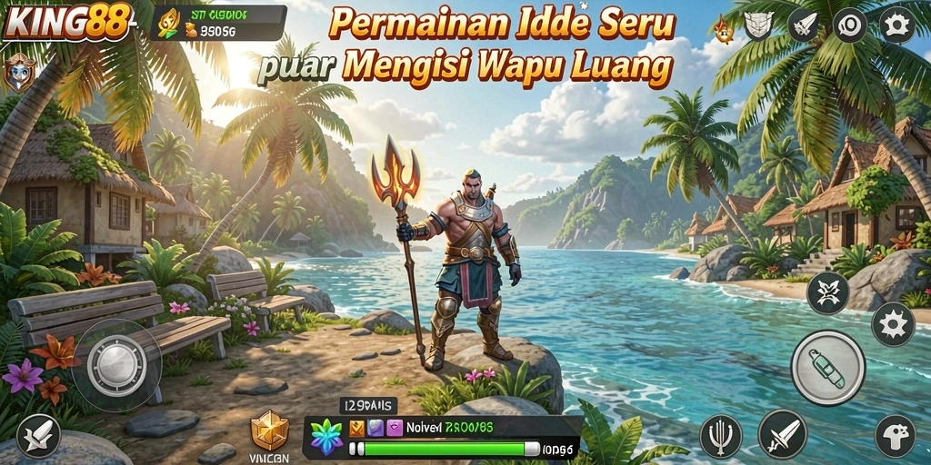 Tampilan gameplay KING88 dengan karakter unik dan grafis cerah.