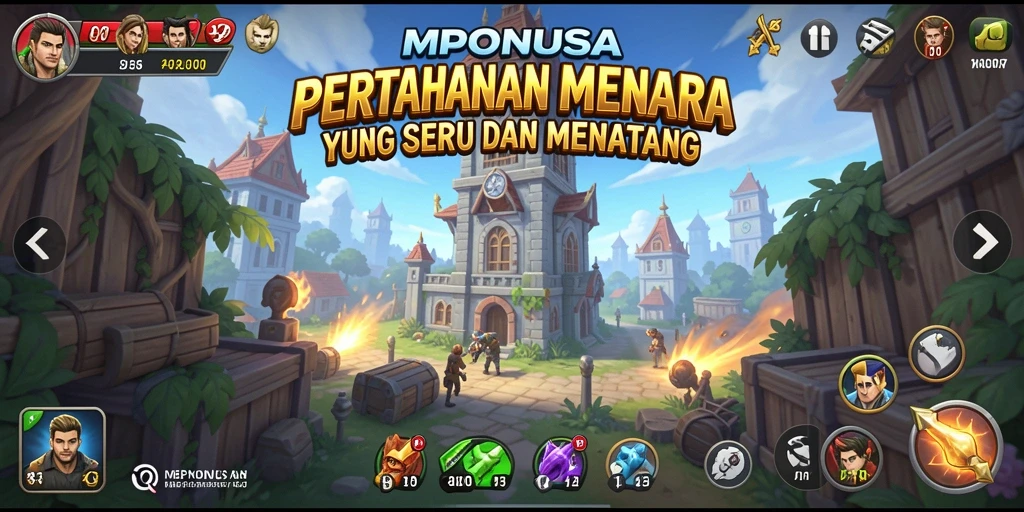 Screenshot utama menunjukkan aksi seru dalam game Tower Defense MPONUSA.