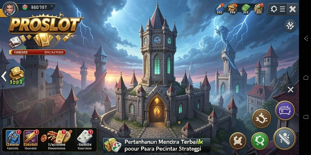 Screenshot PROSLOT menunjukkan strategi menara yang epik dalam Tower Defense.