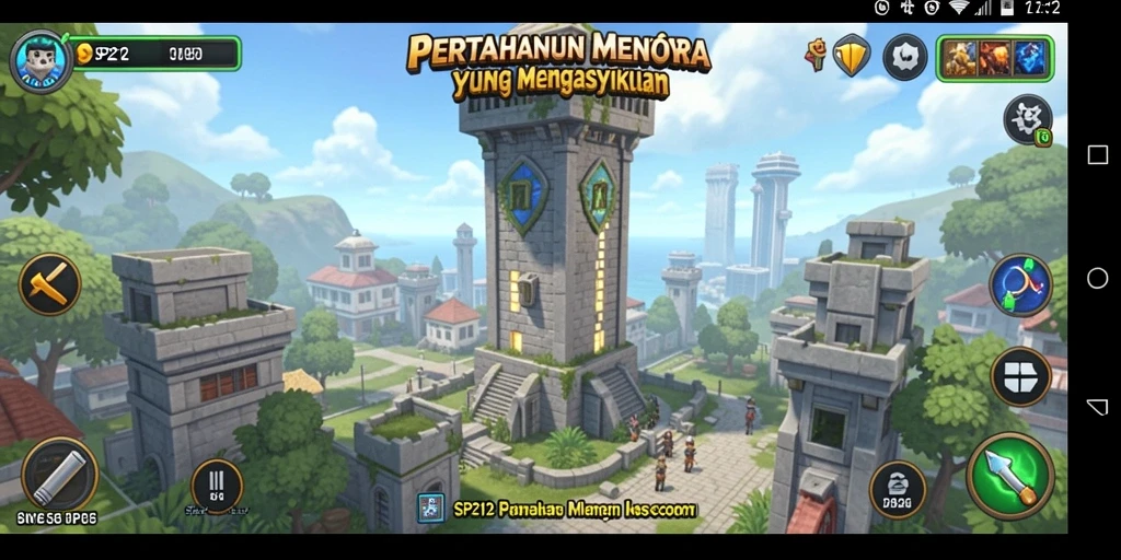 Tangkapan layar SP212 menunjukkan menara strategis melawan musuh dalam gameplay Tower Defense.