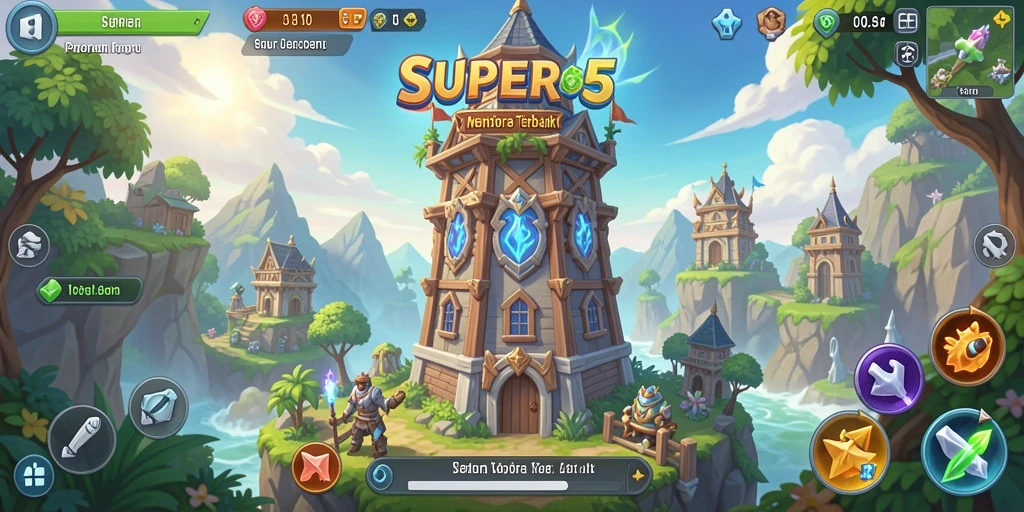 Screenshot gameplay SUPER5 yang menunjukkan pertahanan menara yang epik.